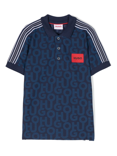Hugo Kids' Piqué Monogram-pattern Polo Shirt In Blue