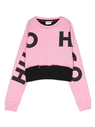 Hugo Kids' Logo-print Frayed-hem Sweatshirt In Pink