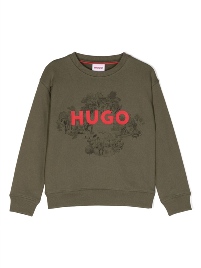 Hugo Kids' Logo-print Crew-neck Sweatshirt In Green