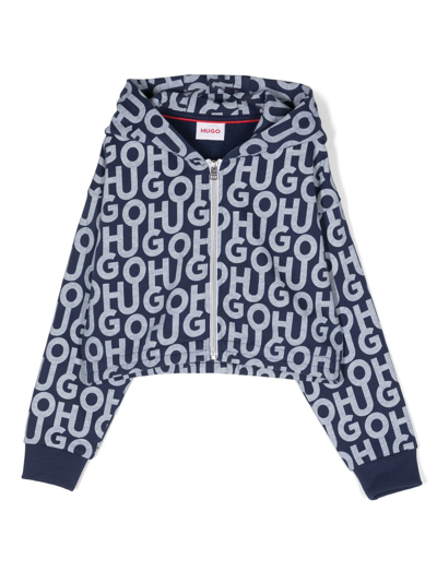 Hugo Kids' Logo-printed Zip-up Hoodie In Blue