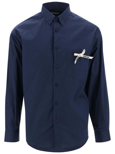 Jacquemus Bow Tie Detail Buttoned Long Sleeve Shirt In Blue