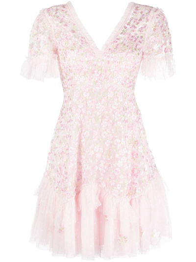 Needle & Thread Evening Primrose Floral-embroidered Tulle Mini Dress In Pink