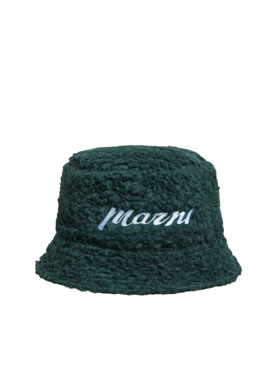 Marni Logo-embroidered Fleece Bucket Hat In Grün
