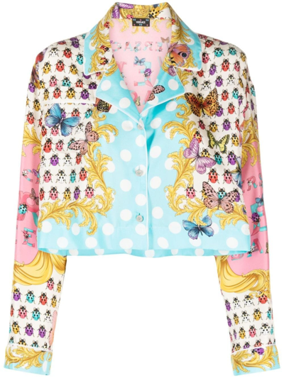 Versace Cialda Baroque Holiday Butterflies-print Twill Crop Pajama Shirt