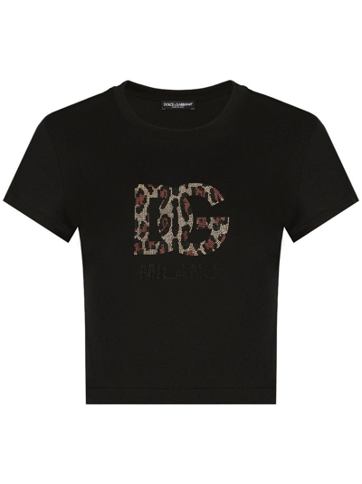 Dolce & Gabbana Black Crop T-shirt With Appliqué In Nero