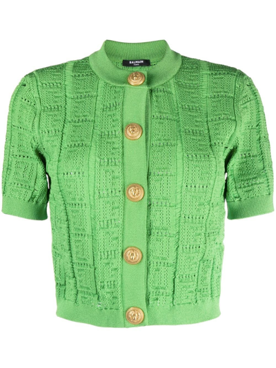 Balmain Monogram-knit Cardigan In Green