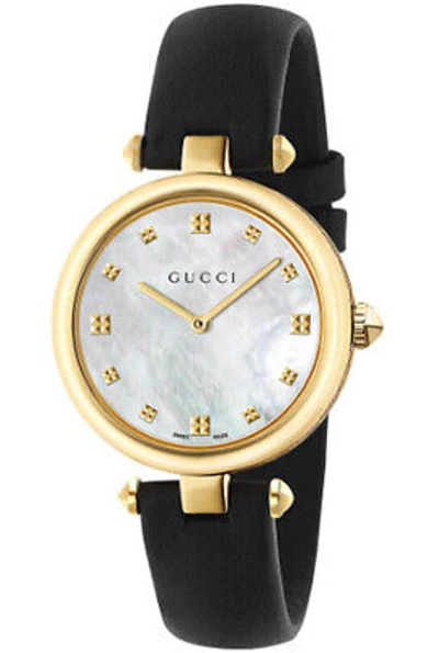 Pre-owned Gucci Diamantissima Mop Dial Gld Pvd Black Lthr Women's Watch Ya141404