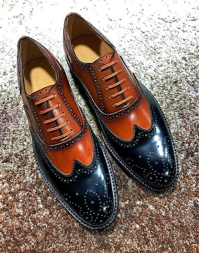 Pre-owned Handmade Men's Genuine Two Toned Leather Oxford Lace Up Wingtip Brogue Shoes