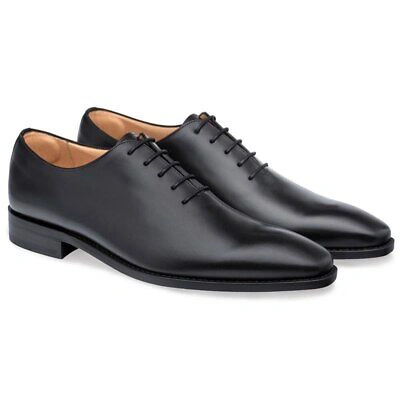 Pre-owned Mezlan Pamplona Black Calfskin Leather Men's Plain Toe Balmoral Shoe