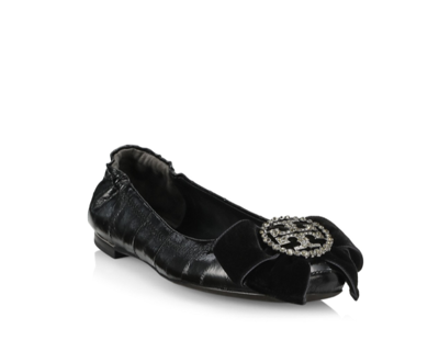 Pre-owned Tory Burch $358  Crystal Embellished Logo Black Leather Ballet Flats 9m