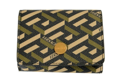 Pre-owned Versace Mens "la Greca" Coated Canvas & Leather Logo Print Bifold Wallet In Black/green