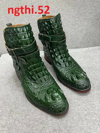 Pre-owned Handmade Green Men's Shoes Genuine Hornback Crocodile/alligator Skin Leather,biker Boots