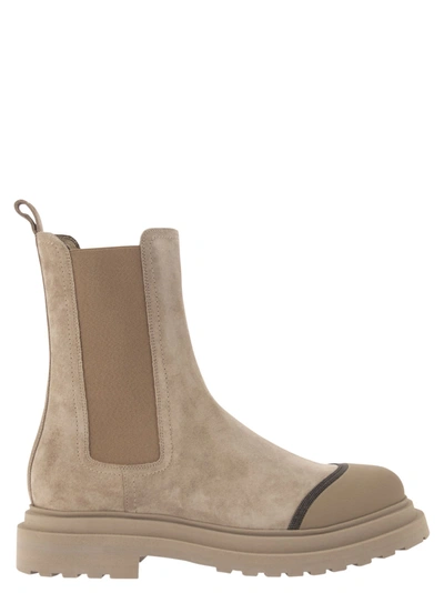 Brunello Cucinelli Suede Chelsea Boot With Precious Detail In Sand