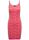VERSACE VERSACE MINI FUCHSIA DRESS WITH ALL-OVER LOGO LETTERING PRINT AND MEDUSA DETAIL IN COTTON BLEND WOMA