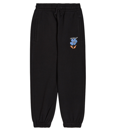 Off-white Kids' Logo Flowers Cotton Track Pants In Black