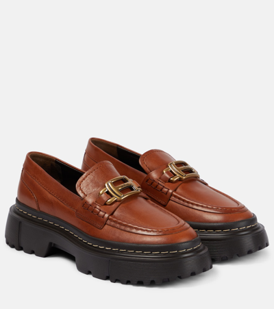 Hogan Chunky Sole Leather Loafers With Stitch Detailing In Brown