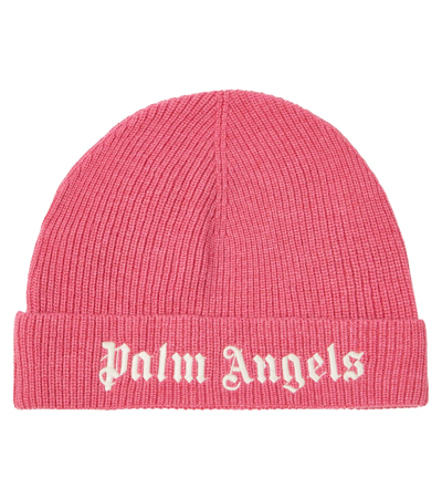 Palm Angels Kids' Logo-embroidered Ribbed-knit Beanie In Pink