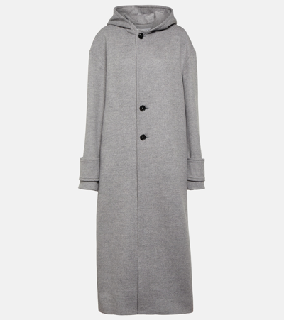 Loewe Hooded Wool Top Coat With Button Vent In Grey_melange