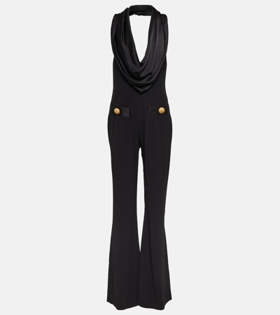 Balmain Draped Halter Flare-leg Crepe Jumpsuit In Pa Noir