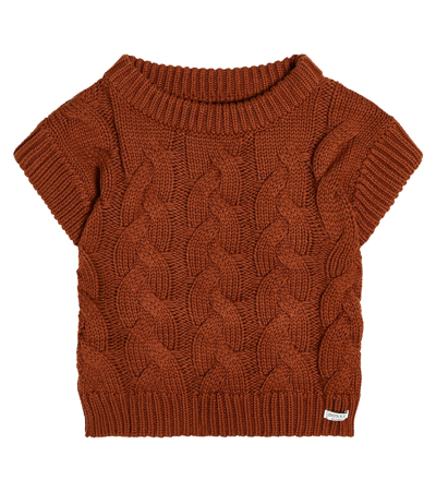 Donsje Kids' Mylli Cable-knit Cotton Jumper Waistcoat In Braun