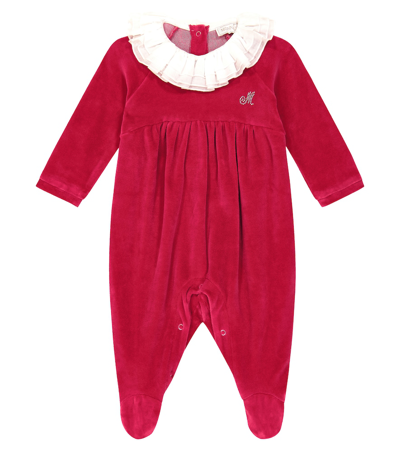 Monnalisa Babies'   Chenille Playsuit With Muslin Collar In Ruby Red
