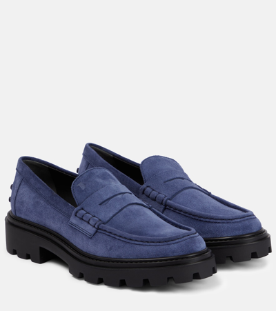 Tod's Suede Platform Penny Loafers In Blue