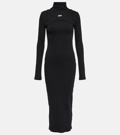 Off-white High-neck Cotton-blend Midi Dress In Black