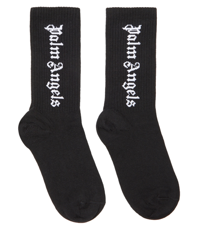 Palm Angels Kids' Logo Jacquard Cotton Blend Knit Socks In Black