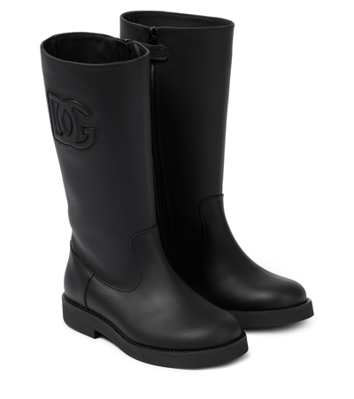Dolce & Gabbana Kids' Logo Leather Knee-high Boots In Black