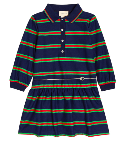 Gucci Kids' Web Stripe Cotton Polo Dress In Blue