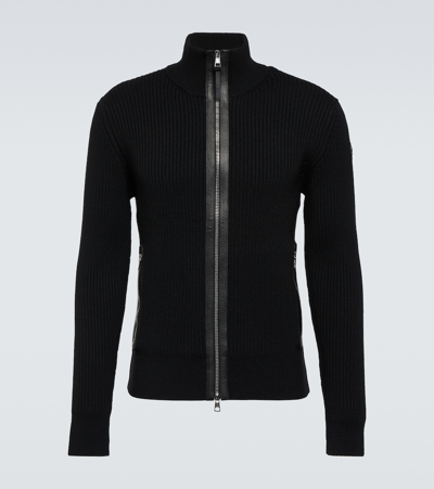 Moncler Leather-trim Zipped Ribbed-wool Cardigan In Black