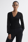 Reiss Brooklyn Sheer Sleeve Mixed Media Sweater In Black
