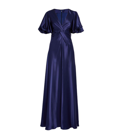 Talbot Runhof Wing-sleeve Twisted Satin Crepe Gown In Royal Navy