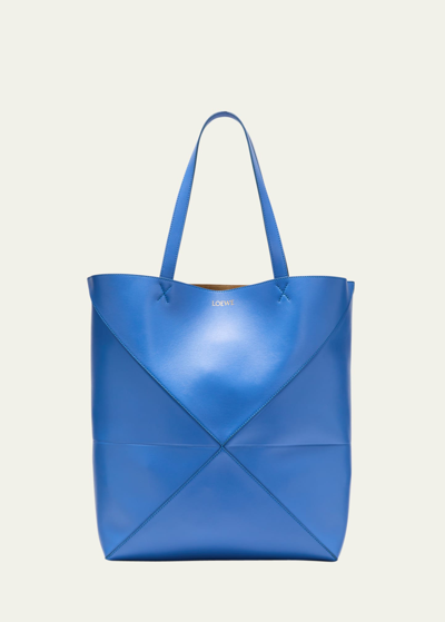Loewe Puzzle Fold Large Tote Bag In Shiny Leather In Seaside Blue