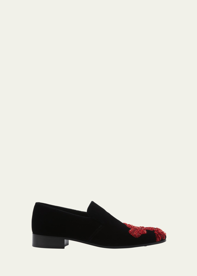 Alexander Mcqueen Men's Beaded Orchid Velvet Loafers In Black Red | ModeSens