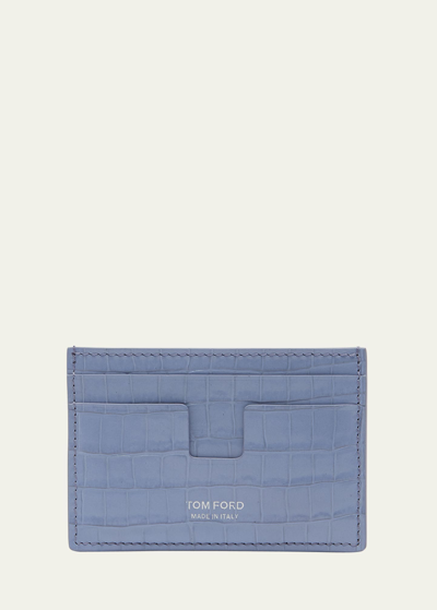 Tom Ford Men's Croc-effect Leather T Line Card Holder In Periwinkle