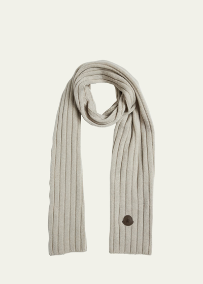 Moncler Wool English Rib Scarf With Leather Logo Patch In Camel