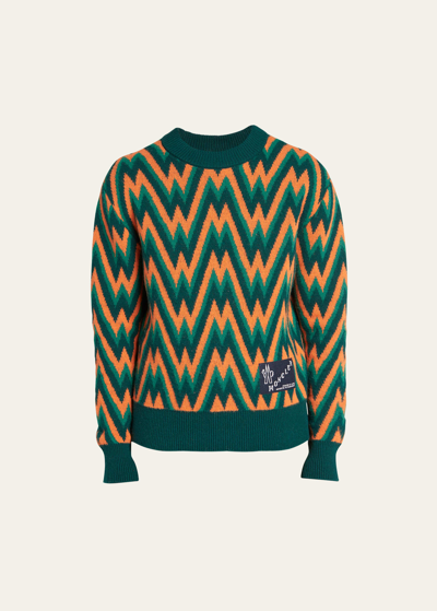 Moncler Men's Zig-zag Wool Sweater In Green Orange