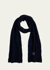 Moncler Wool English Rib Scarf With Leather Logo Patch In Navy