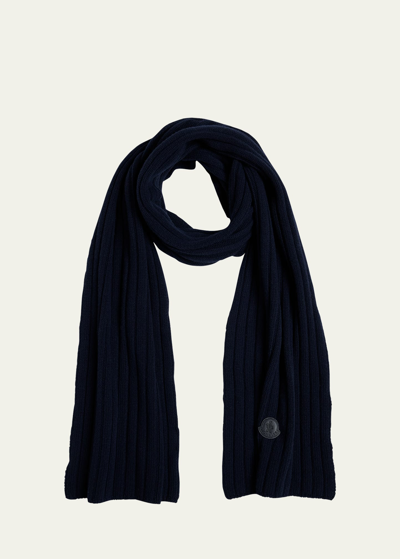 Moncler Wool English Rib Scarf With Leather Logo Patch In Navy