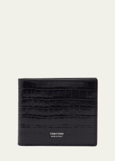 Tom Ford Men's Croc-effect Leather T Line Bifold Wallet In Ink
