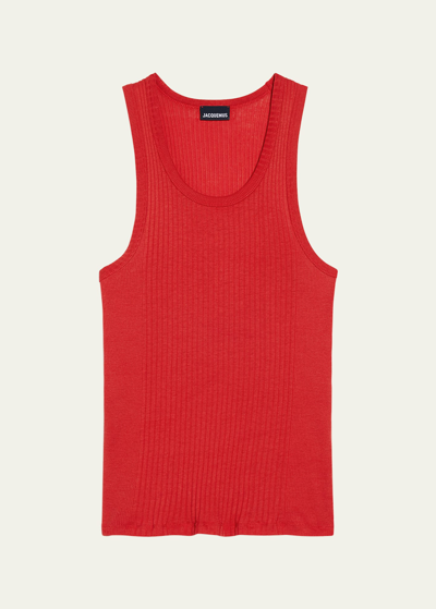 Jacquemus Men's Cotton Ribbed Tank Top In Red