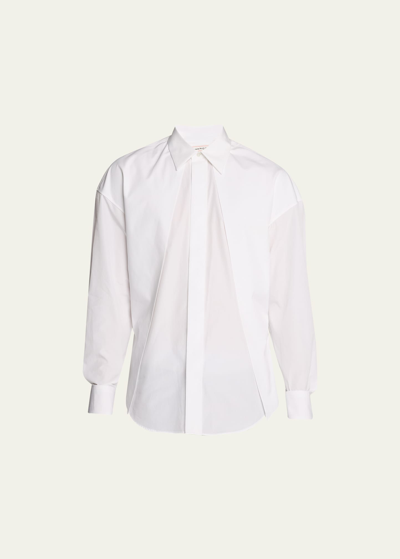 Alexander Mcqueen Men's Poplin Sport Shirt With Diagonal Pleating In Bianco