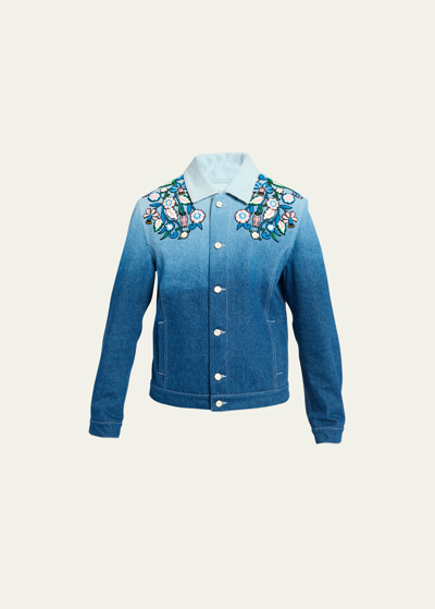 Casablanca Men's Gradient Floral Embroidered Denim Jacket In Indigo