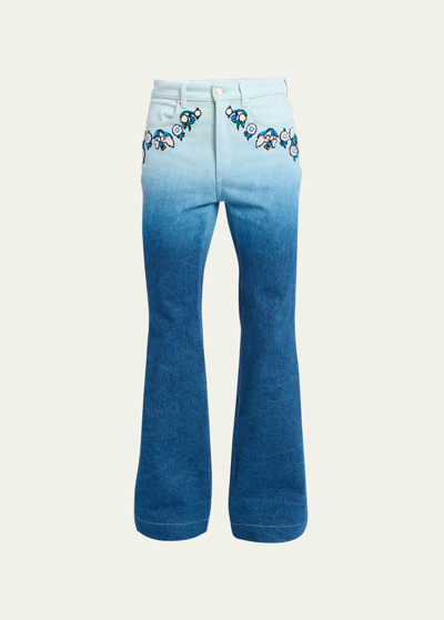 Casablanca Men's Floral Embroidered Flared Gradient Jeans In Indigo