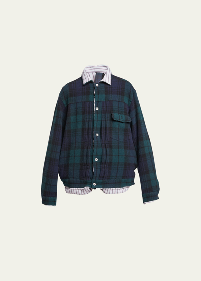 Sacai Men's Plaid Boiled-wool Reversible Jacket In D/green