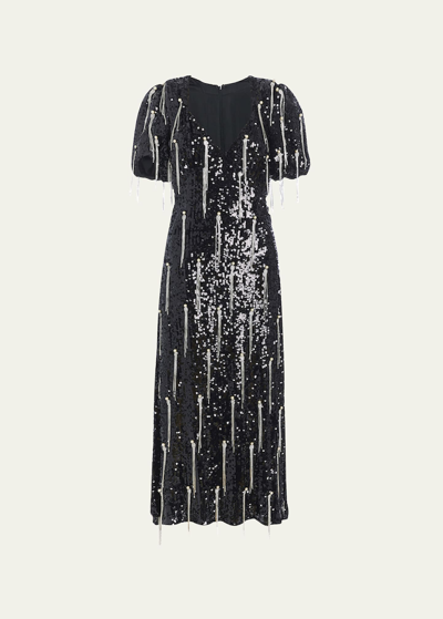 knee length dresses for ladies Plus Off Shoulder Puff Sleeves Sequin Midi Dress Black / 3XL main image 0