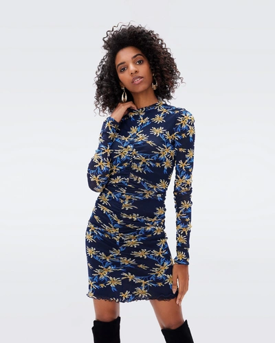Diane Von Furstenberg Reversible Ruched Floral-print Stretch-mesh Mini Dress In Tiny Paris Floral Navy And Tiny 