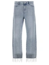 Karl Lagerfeld Crystal Embellished Fringed Denim With Pockets And Belt Loops In Blue