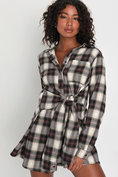 Lulus Pick Of The Patch Brown Plaid Tie-front Mini Dress